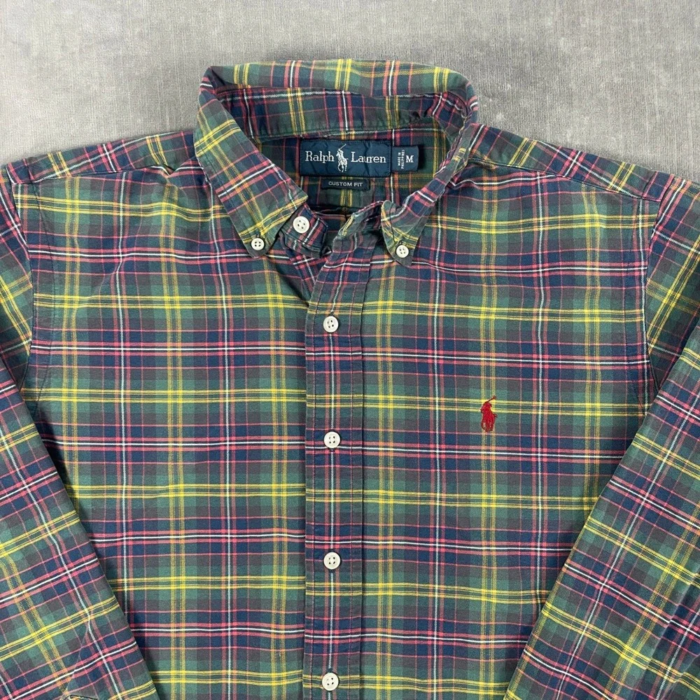 Polo Ralph Lauren Men M Green Plaid Button Down Shirt Custom Fit Pony Logo